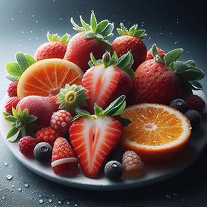 plato con fresas rodeada de otras frutas